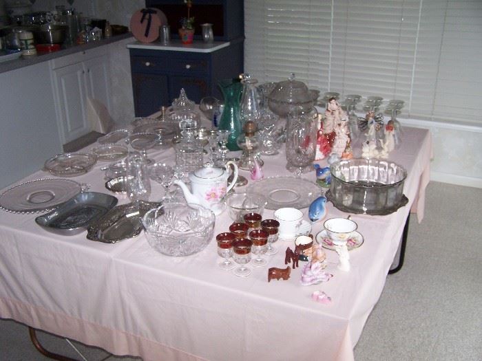 TABLE OF GLASS WARE & SILVER-PLATE ITEMS & OTHER SMALLS