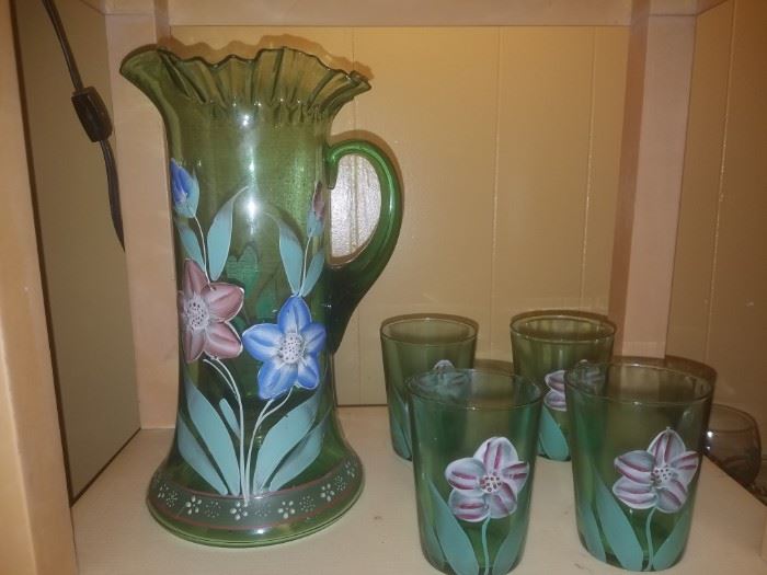 Hand painted green pitcher (probably Fenton) and Northwood glasses.