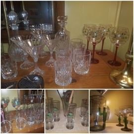 Bar glasses including collectible liquor glasses, Pfaltzgraff Winterberry wine glasses, crystal martini glasses, Mojito set, cactus margarita glasses & pitcher, & more.