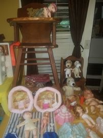 Vintage wooden high chair, mini cabbage patch dolls, My Little Pony, Snoopy, & other dolls/stuffed animals