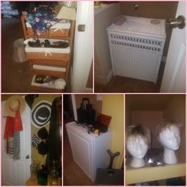 White wicker laundry basket/hamper, Styrofoam heads, wigs, white cabinet, basket drawers/chest, hats, scarves, & more