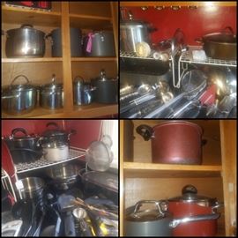 Heavy stainless steel pots/lids, kitchen utensils.