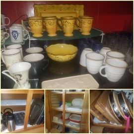 heavy cutting boards, Tupperware, pans, mugs, platters, & bowls, Betty Boop mug.