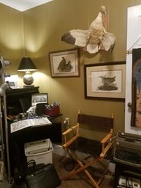 Snow goose, Holland Brothers (very rare) director's chair, desk, framed bird prints, vintage typewriter, shredder, & more.