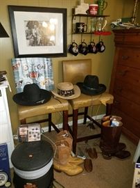 Bar stools, leather cowboy boots (Tony Lama & others), spurs, hats (including Stetson), motorcycle print, Harley Davidson mugs, Harley Davidson wash bucket, & more.