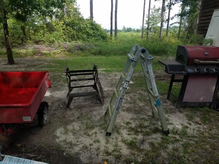 Ladder, work bench, pull behind trailer, grill
