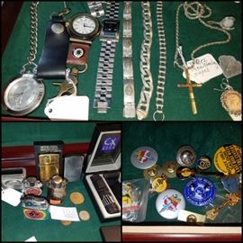Harley Davidson jewelry including a pocket watch & sterling silver bracelet, 14k & sterling signed cross, wrist watches, walking liberty half dollar pendant, Harley pins, Zippo lighters (Western Star trucking advertising), Camel lighters, CX lighter, & more!