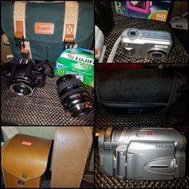 Cannon 35 mm camera, zoom lens, Kodak digital camera, DXG camcorder, camera cases, & more.