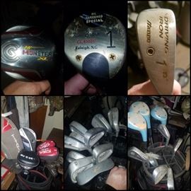 Golf clubs including Monster driver, Mizuno Driving Iron 1, Adams clubs set with Mizuno bag, & more.