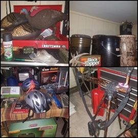 Turkey decoys & calls, camo paint, dove buckets, deer feeders, rattling horns, rifle rest tri-pod, Coleman stove, propane heater, & more!