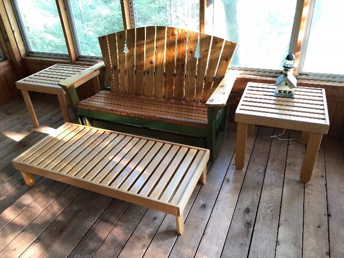 Pine Glider; Pair of End Tables & Matching Coffee Table