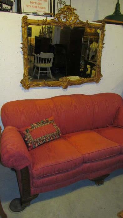 Re-upholstered vintage settee, shown with Georgian style mirror