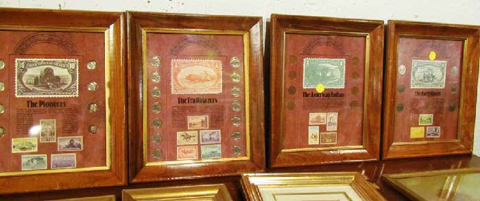Collector coins and stamps, mounted in handsome frames.