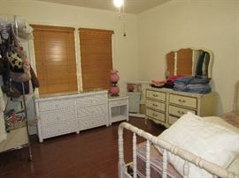 White Wicker Dresser, Mirror, Nightstand, French Provincial Dresser, Jenny Lind Bed, Assorted Purses