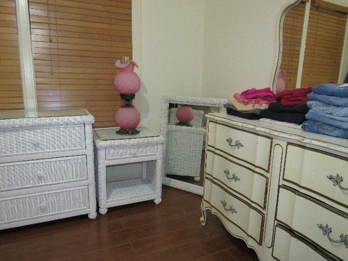 White Wicker Dresser, Mirror, Nightstand, French Provincial Dresser, Gone With the Wind Lamp