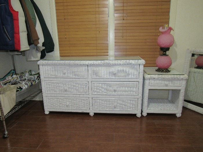 White Wicker Dresser, Mirror, Nightstand, Gone With the Wind Lamp, French Provincial Dresser,  Assorted Purses