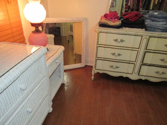White Wicker Dresser, Mirror, Nightstand, Gone With the Wind Lamp, French Provincial Dresser