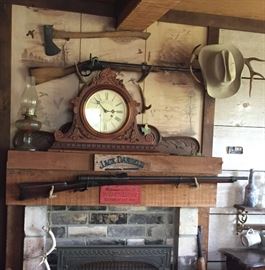 Mancave Winchester Sign, Rifle, Muskeet, Axe, Oil Lamp, Mantel Clock