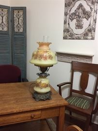 Vintage Lamp, Oak Desk, Side Chair, Wall Decor