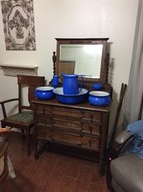 Antique Dresser with Barley Twist Legs and Swivel Mirror, English Blue Bute Dresser Set~Wash Basin, Pitcher, Glass, Soap Dish, Personal Lavatore