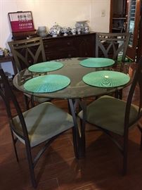 Dining Table Wrought Iron Glass Top, Buffet/Sideboard, Danube China, Silverware