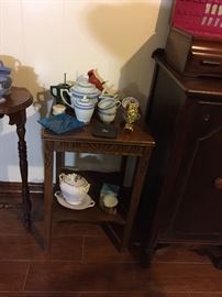 Side Table Assorted China and Collectibles