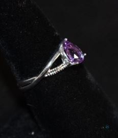Amethyst and Diamond Silver Ring / Size 8, 2.7g -Teardrop- tested w/diamond tester-lab created