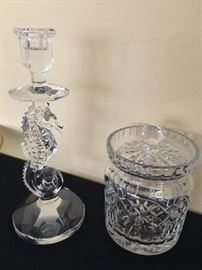 There is a nice collection of Waterford giftware beginning with the Sea Horse candlestick and the Lismore Biscuit jar. 