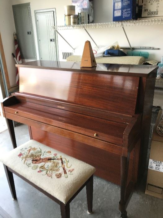 Hamilton upright piano with needlepoint bench, metronome
