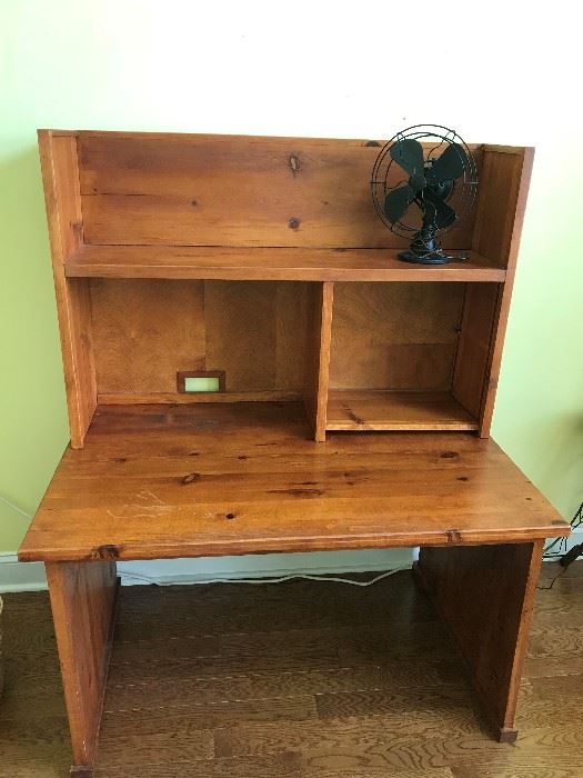 Solid wood computer desk, vintage GE fan
