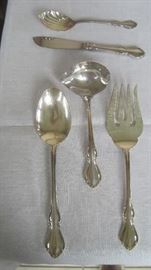 Reed & Barton Hampton Court serving pieces: sugar shell spoon, butter knife, cold meat serving fork, tablespoon, gravy ladle