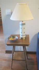 Antique table with lamp and hand painted dish