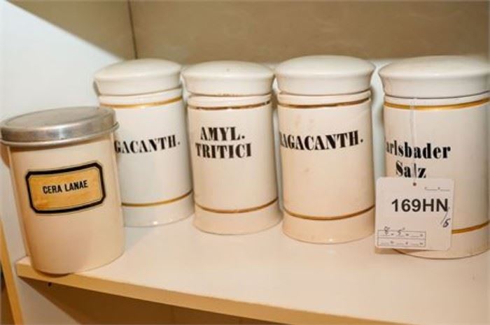 Five Vintage Porcelain Apothecary Jars