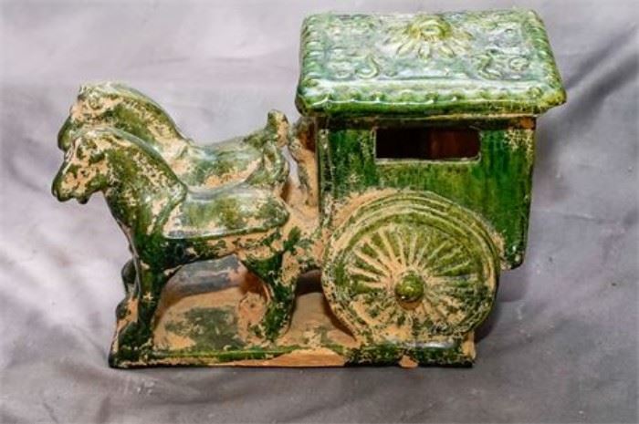Green painted ceramic Oreintal Horses and carriage