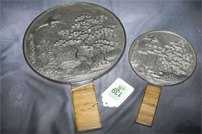 Pair Japanese Silver Plated Bronze Hand Mirrors