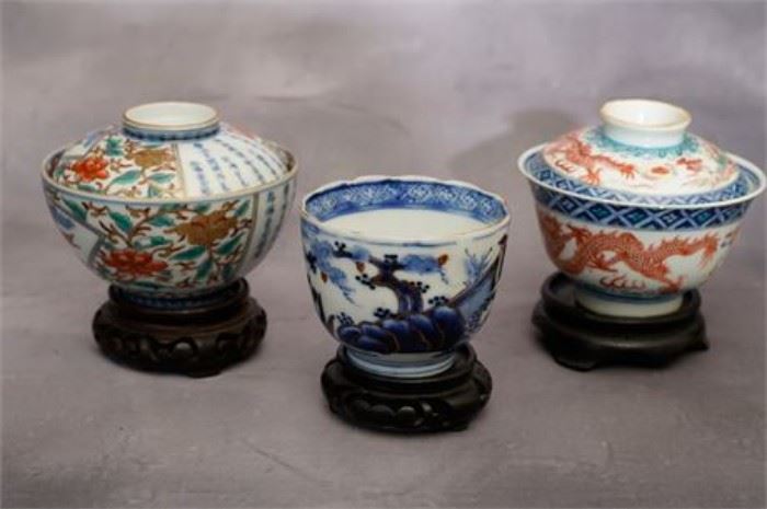 Three Antique Chinese Porcelain Rice Bowls
