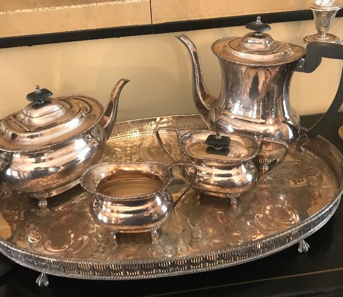 silver coffee & tea service, English silver tray