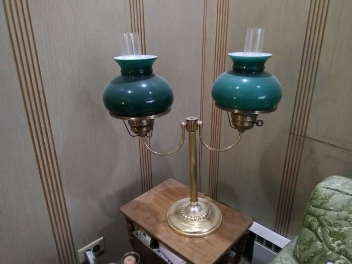 Gorgeous double hurricane lamp! Great color on the green shades $30!!!!!
