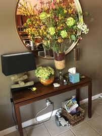 Mid to dark solid wood parquet MCM entry-way table, Measures 4' across.  Note MIRROR on the wall IS ATTACHED AND NOT FOR SALE. (All other items besides the Kleenex are in the sale.