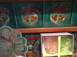 detail: Art Nouveau tile,  deviled egg plate, egg cups