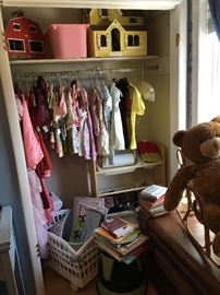 dollhouse, mixed upscale toddler girls clothing, dresses  antique rocker, Gund Dylan teddy bear and huge collection of Gund plush toys 