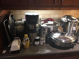 assorted stainless kitchen appliances, Bunn coffee maker, stainless chafing dish, SaladMaster electric skillet