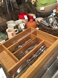 Yamazaki stainless flatware, coffee mugs, garlic holder batter bowls