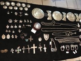 Concho belt, Sterling rings, necklaces, crosses, earrings, charms, pendants