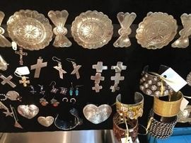 Cuff bracelets, earrings, sterling, crosses