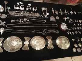 Concho belt marked Mexico, Sterling rings, necklaces, crosses, earrings, charms, pendants