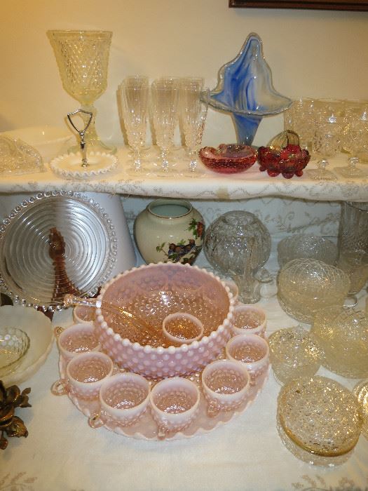 Beautiful Vintage Fenton Pink Hobnail Opalescent Punch Bowl Set, Waterford Rose Bowl And More!