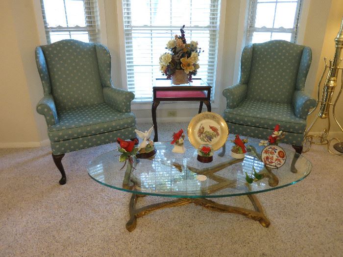 Wing Back chairs, Glass Coffee Table, Display Table, Beautiful Cardinals
