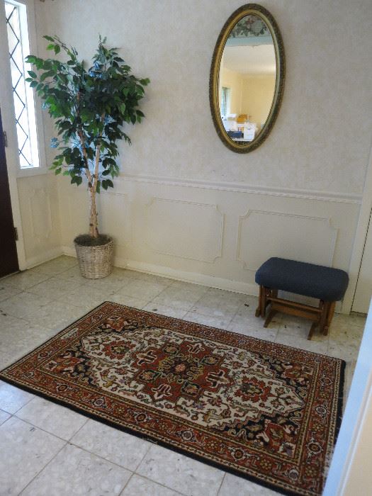 Wool Rug Made In Romania, Artificial Ficus Tree, Oval Mirror