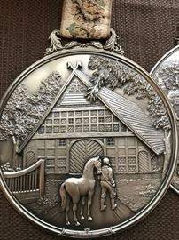 WMF PEWTER WALL PLAQUES (6) DIFFERENT ONES. MADE IN GERMANY. EACH HANGING FROM A TAPESTRY RIBBON IS 13" LONG